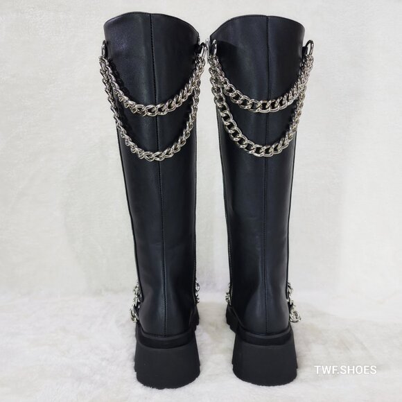 Renegade Lace Up Draped Chain Combat Knee High Boots Goth Punk Rocker Biker Boot - Picture 4 of 10